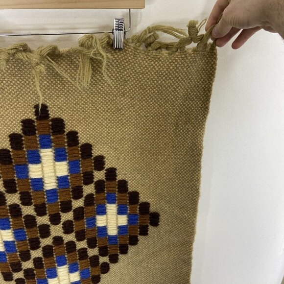 Vintage 70s Boho Tapestry Rug Coverlet Wall Hang Wool Tan - Picture 3 of 5